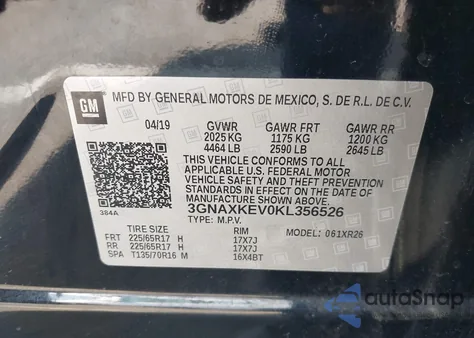 2019 Chevrolet Equinox Lt from USA, damaged, VIN 3GNAXKEV0KL356526